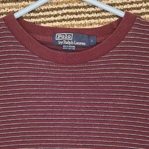 POLO Ralph Lauren Dark Burgundy Red Striped Cotton Sz L Short Sleeve T Shirt VTG
